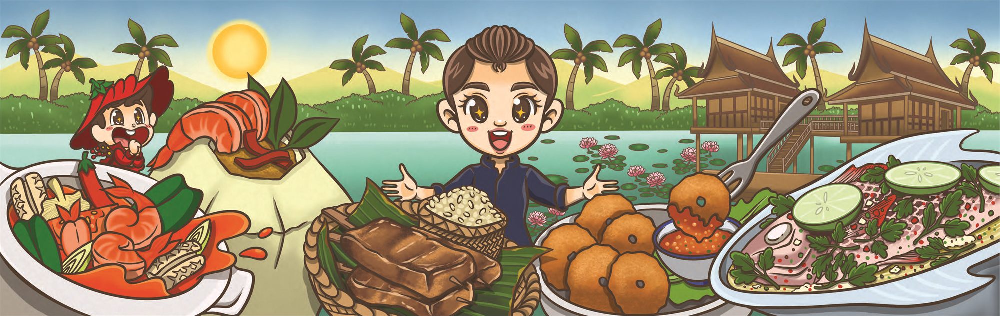 Illustration of Chef Pair with a selection of the Thai dishes she recommends at Happy Thai Food.